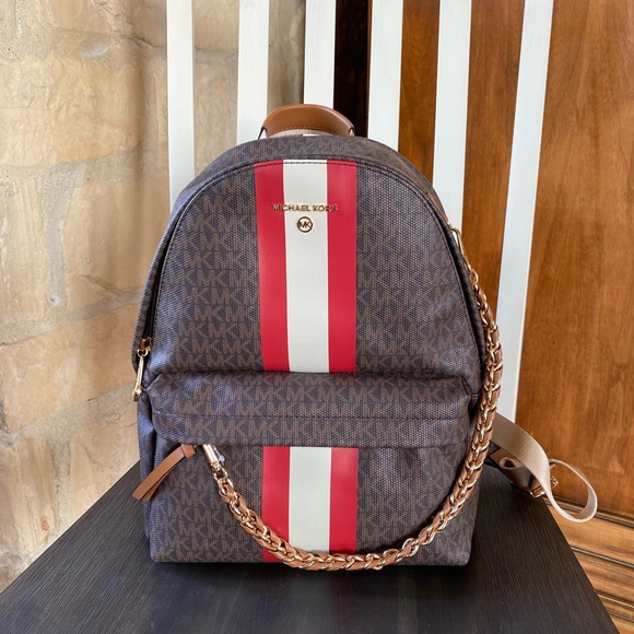 Michael Kors slater signature chain stripe brown backpack brown red white NWT - Picture 6 of 7